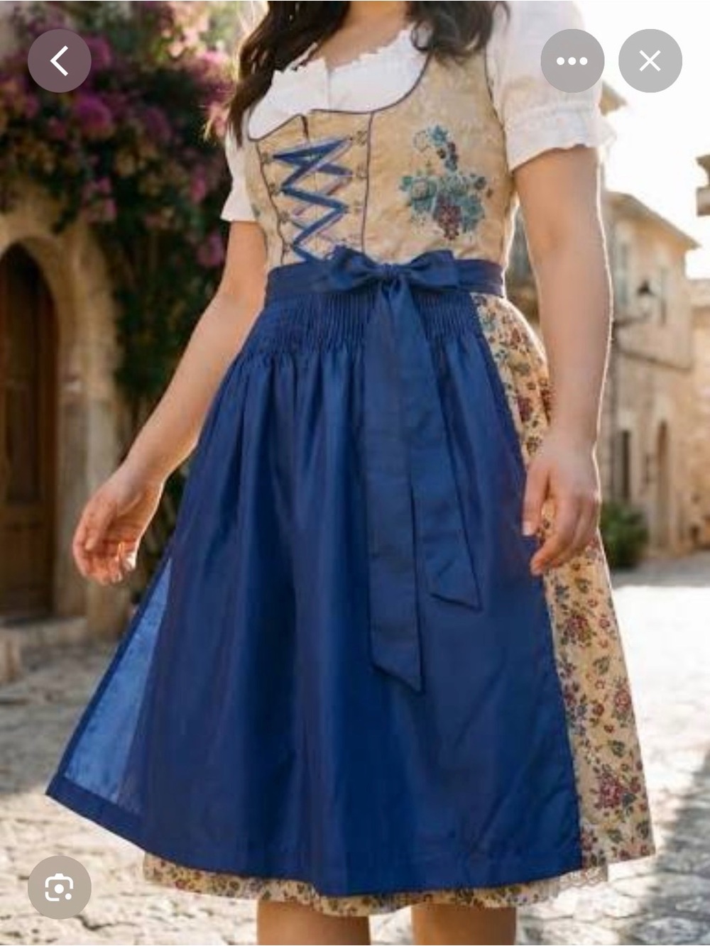 Dirndl-Style Women's Skirt & Bodice Set in Royal Blue and Beige - Picture 2 of 6